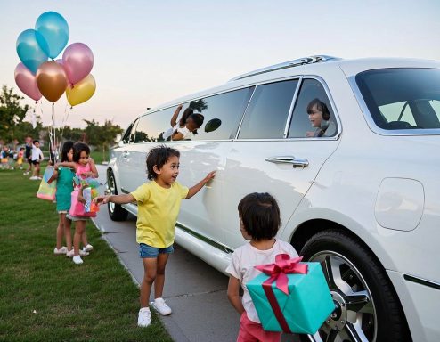 Eine Gruppe von Kindern steht vor einer Limousine, während sie Geschenkboxen halten.