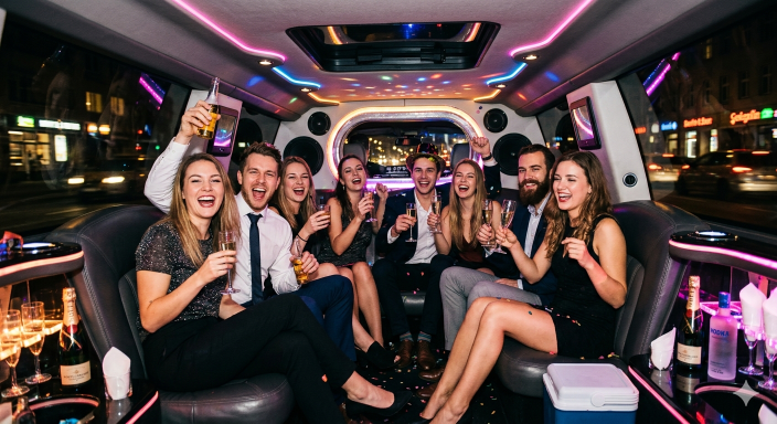 Gruppe junger Leute feiert in einer Limo mit Drinks und festlicher Stimmung.